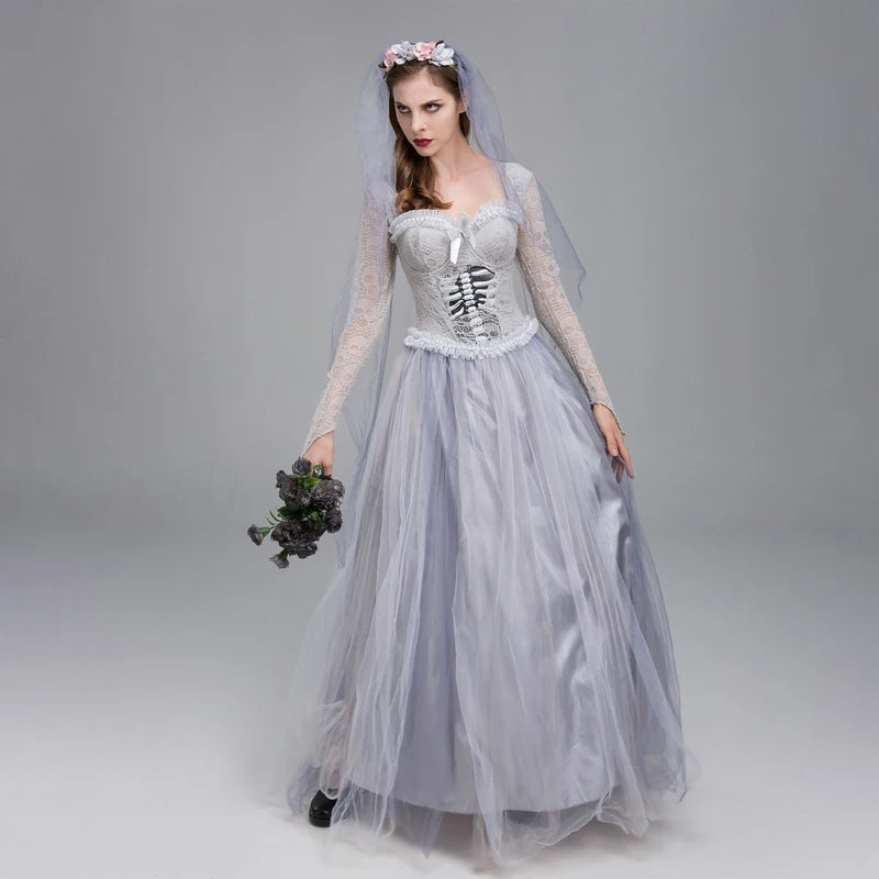 Women Halloween Dead Bride Costume Corset Dress & Veil Set for Cosplay