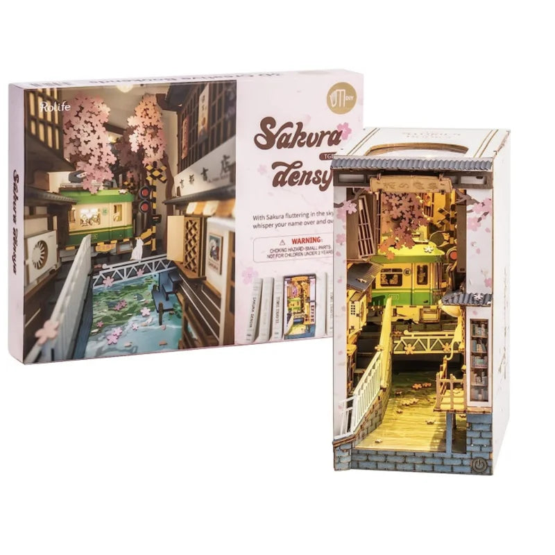 DIY Wooden Book Nook Kit with LED Light - Sakura Densya Japan Miniature House Model
