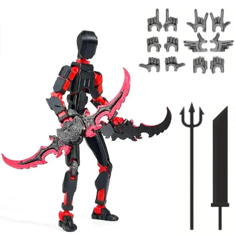 3D Printed Action Figure Set - Multi-Jointed Robot Toys, Black and Red