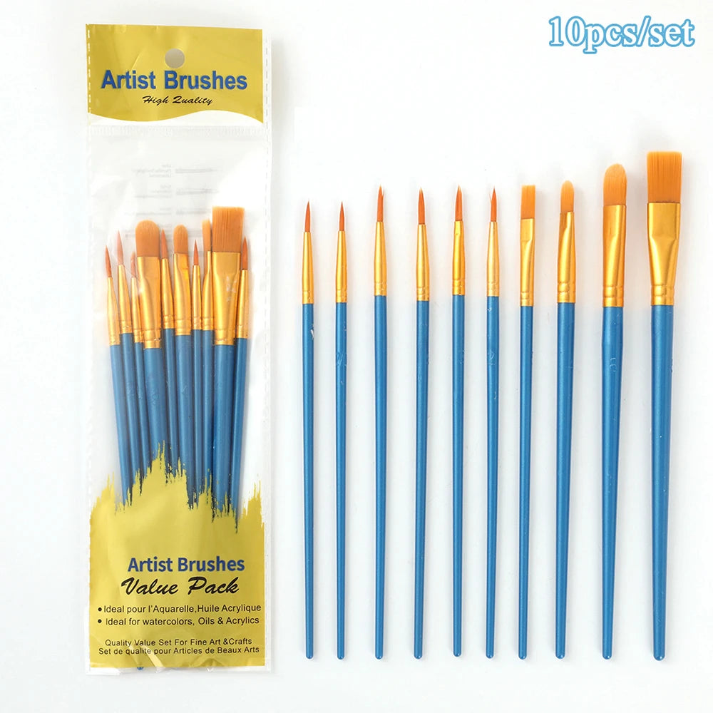 10-Piece Artist Paint Brush Set - Nylon Hair Watercolor & Body Painting Tools
