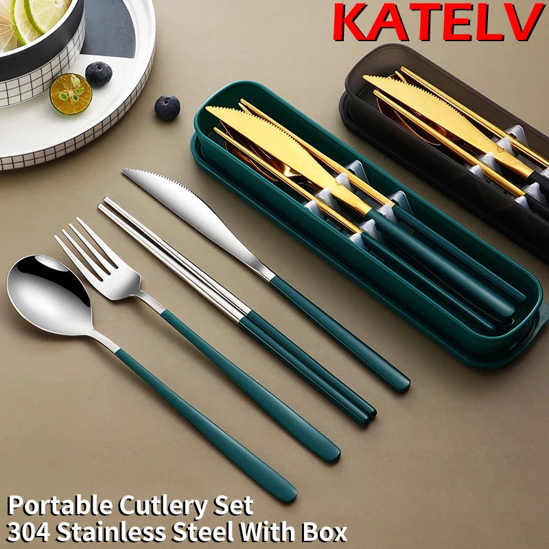 Portable Stainless Steel Flatware Set with Box - Travel Cutlery Dinnerware Kit