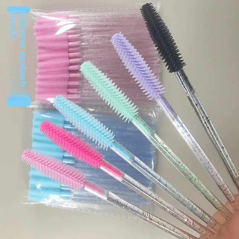 50pcs Crystal Silicone Eyelash & Eyebrow Makeup Brush Set - Microbrush & Spoolie