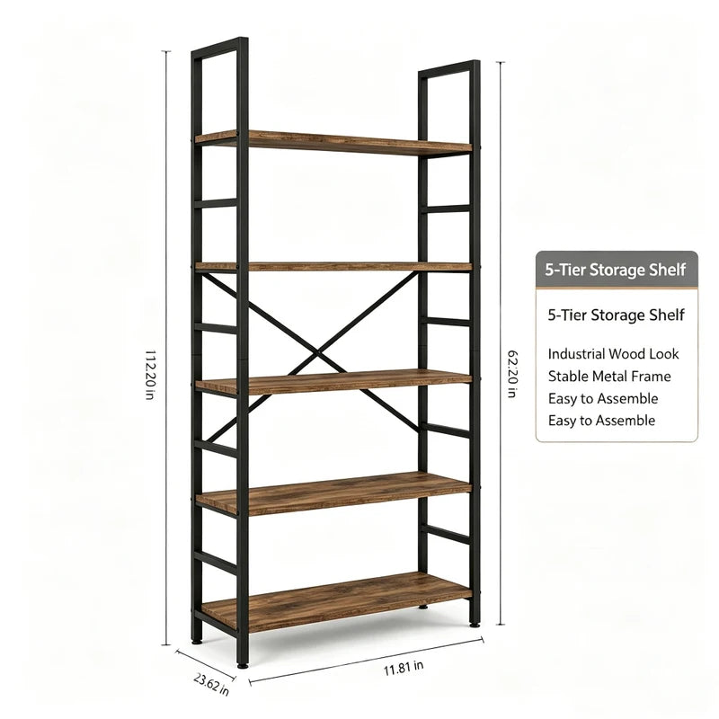 Industrial Wooden Bookcase Storage Shelf with Metal Frame - 5 & 6 Tier Freestanding Organizer