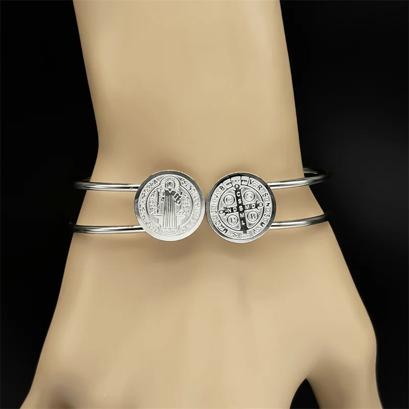 Saint Benedict Medal Bracelet for Men Women Stainless Steel Double Line Bangle Jewelry