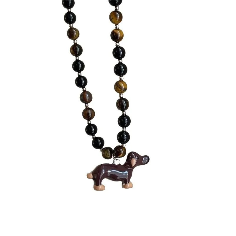 Natural Stone Tiger Eye Dog Pendant Necklace for Women Girls