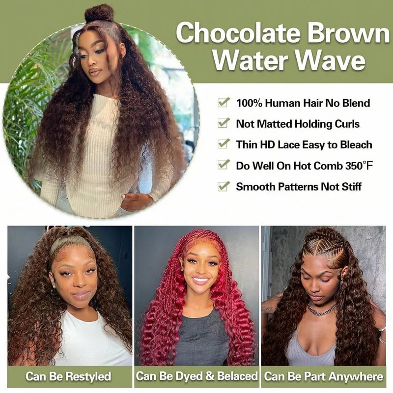Deep Wave 13x6 Lace Front Wig Human Hair Curly Water Wave Wigs - Brown, 250% Density