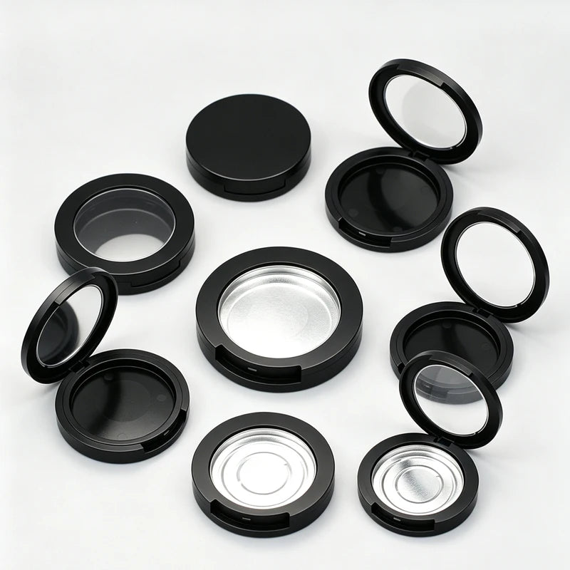 Round Plastic Makeup Compact Case with Mirror for Powder & Blush - Black