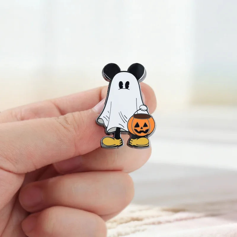 Halloween Ghost Mouse Brooch with Jack-o'-Lantern Cartoon Pin Cute Anime Badge Accessory