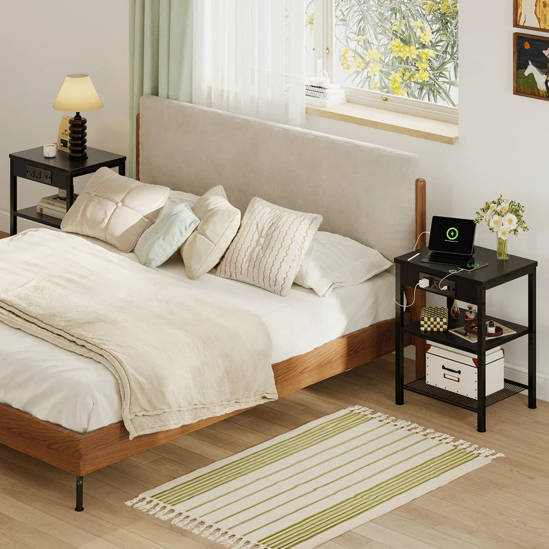 3-Tier Small Side Table with Charging Station - Adjustable Nightstand for Living Room & Bedroom