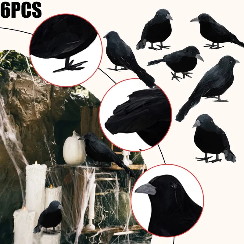Lifelike Black Crow Halloween Decorations Set of 6 - Faux Feather Crows for Party & Garden