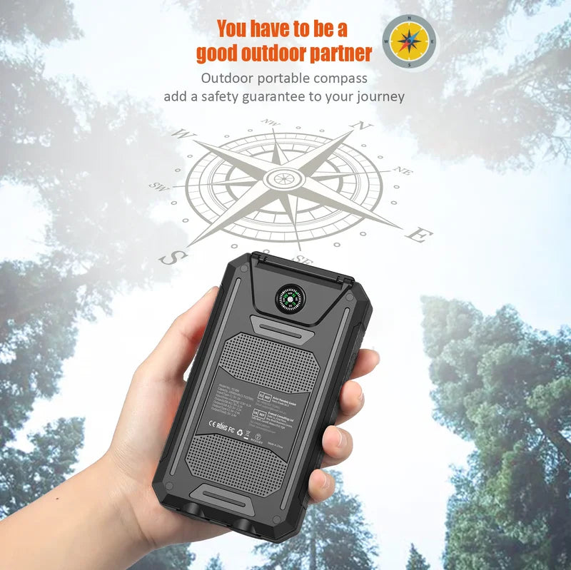 10,000mAh Solar Power Bank with Dual USB & Type C, Flashlight & Compass