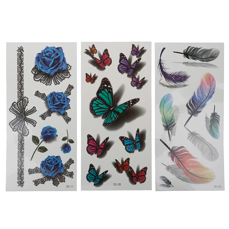 Temporary Tattoo Sticker Set for Women - Waterproof 3D Butterfly Rose Feather Body Art