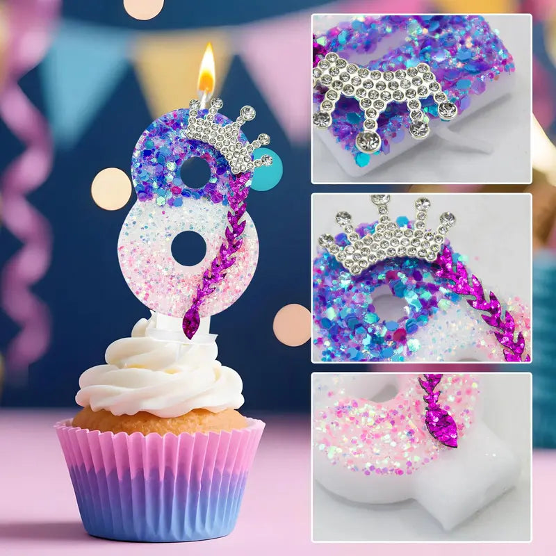 Number 0-9 Birthday Candle Set Pink Purple Gradient Sparkly Cake Topper