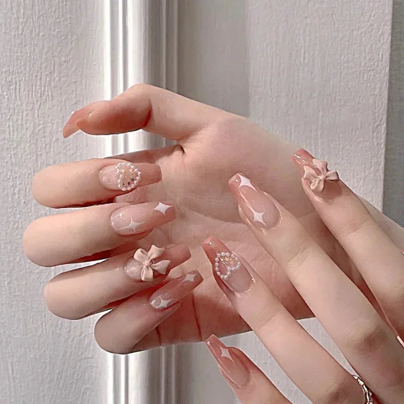 Reusable False Nail Tips Set with Glue Stick & Stickers - Long Acrylic Art Nails