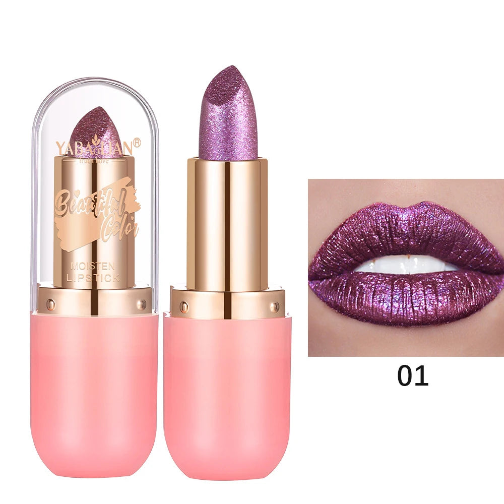 Color Changing Metallic Lipstick with Glitter & Pearl Shine Waterproof Lip Gloss