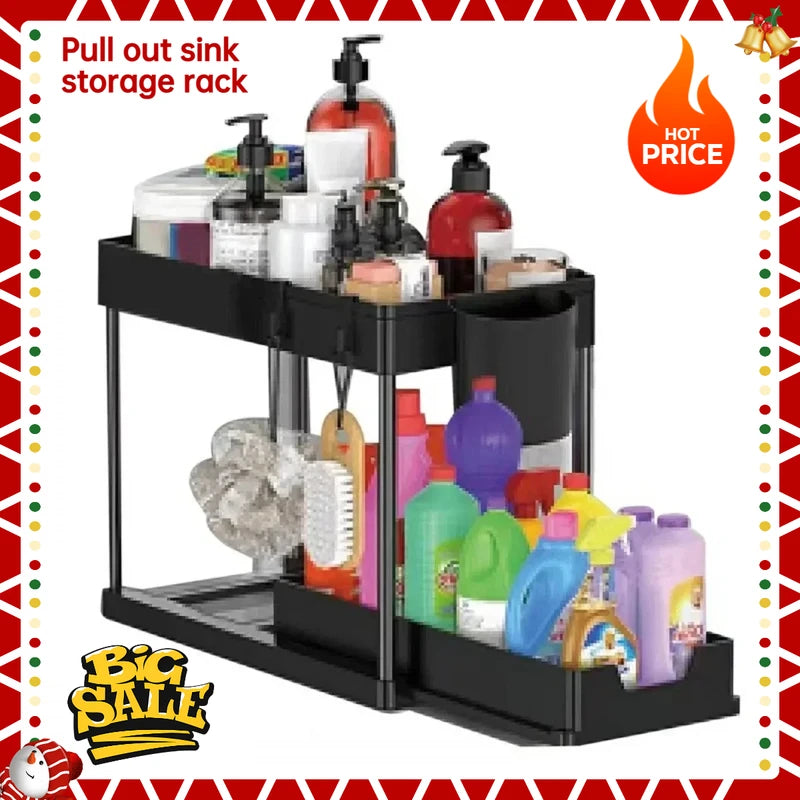 2-Tier Under Sink Organizer with Sliding Drawers & Hooks, Kitchen Bathroom Storage Rack