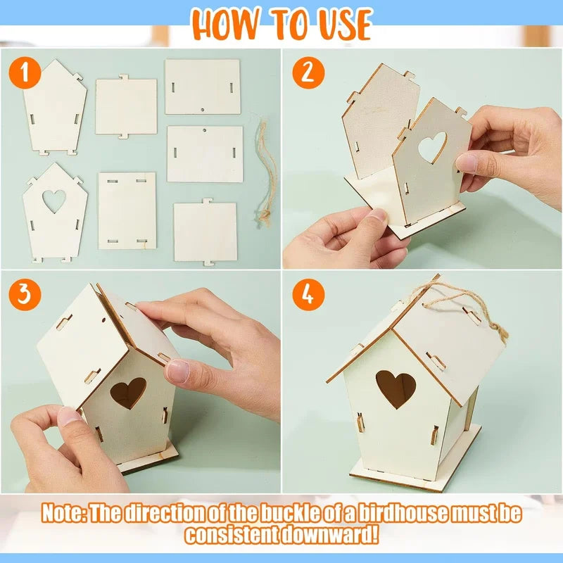 Wooden DIY Bird House Outdoor Hanging Bird Nest Box with Hemp Rope for Painting & Decoration