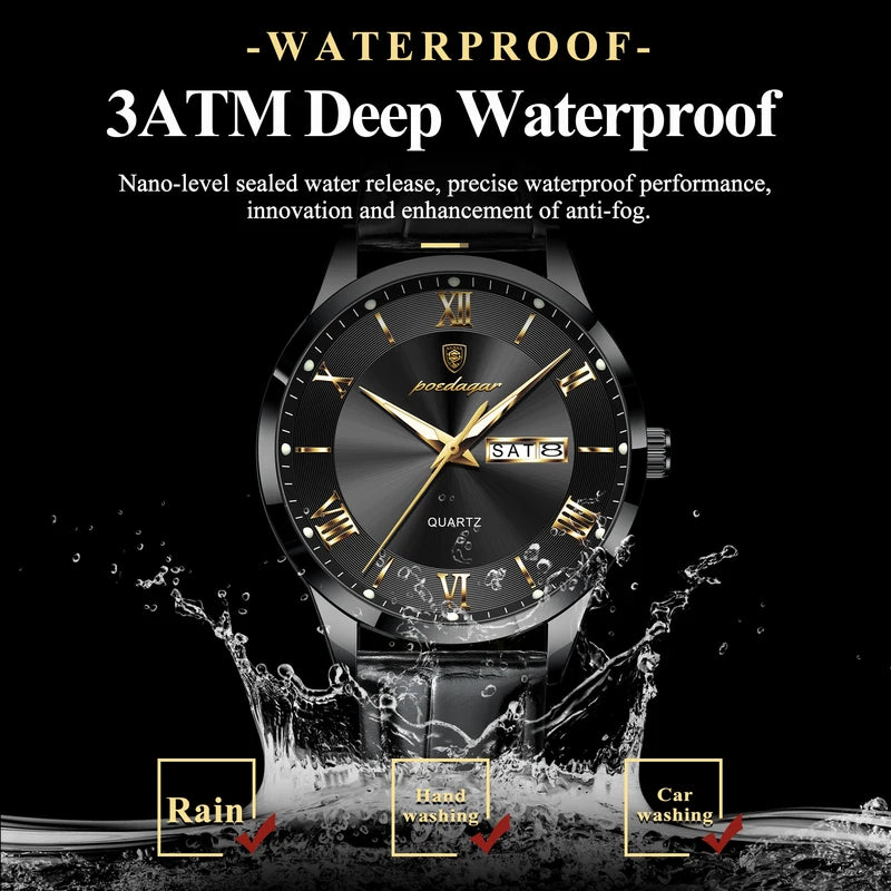 Men's Leather Business Wristwatch with Date and Luminous Quartz Movement