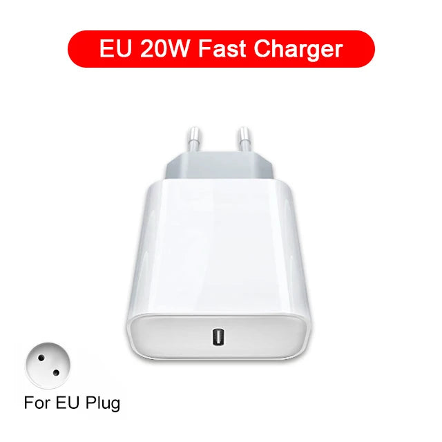 USB C Fast Charger 20W for iPhone iPad Samsung OnePlus Wall Adapter with Type-C Cable EU/US Plug