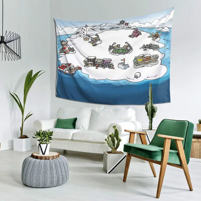 Club Penguin Map Wall Tapestry Decor for Living Room Bedroom Home Wall Hanging