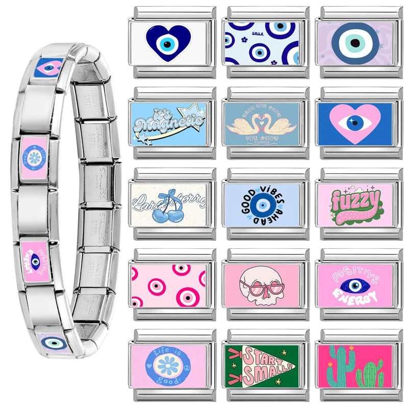 Vintage Devil Eye Blue Heart Charm Link Bracelet - Stainless Steel DIY Jewelry