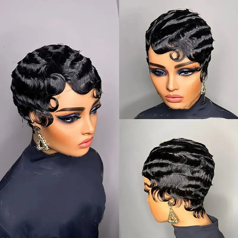 Short Human Hair Wig for Women - Brown Ocean Wave Pixie Cut, Natural Color