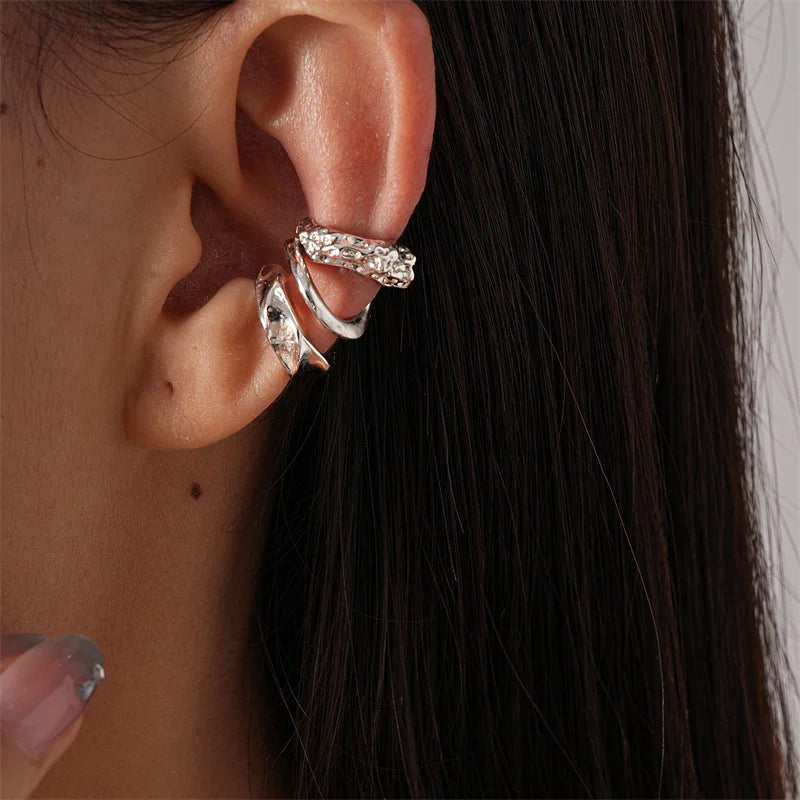 Set of Silver Plated Geometric Ear Cuff Earrings Non-Piercing Jewelry for Women & Girls