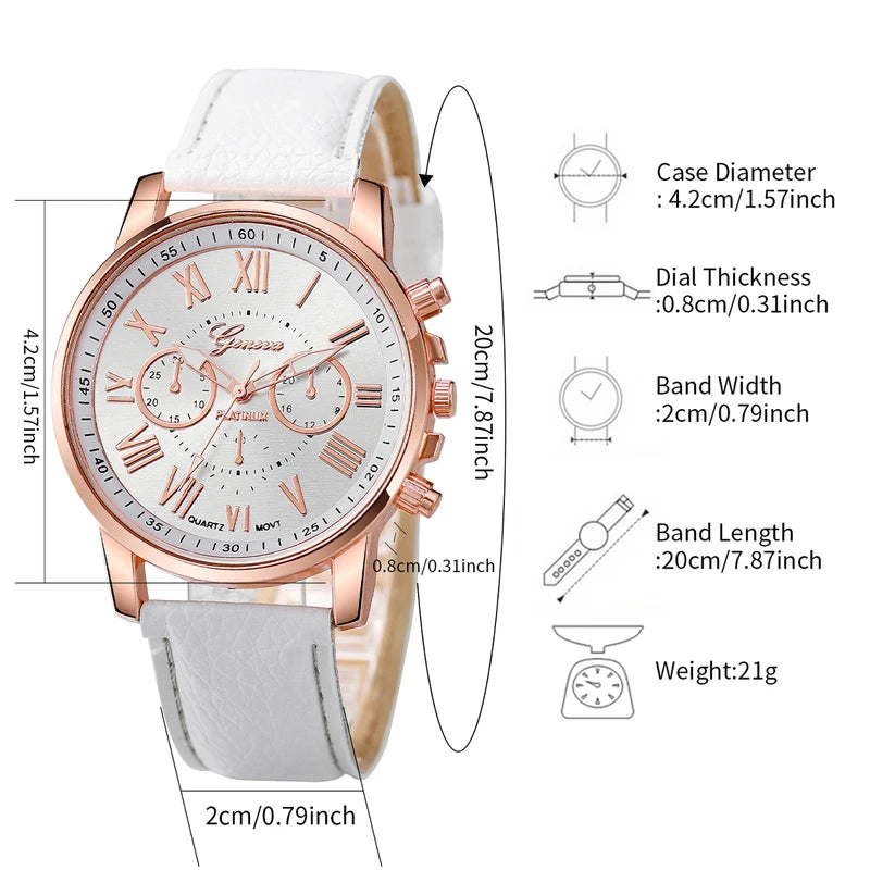 Women's Fashion Quartz Watch with Leather Band and Pearl Jewelry Set