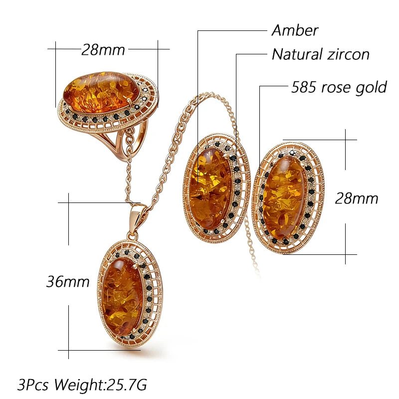 Vintage Amber and Zircon Jewelry Set for Women - Rose Gold Finish