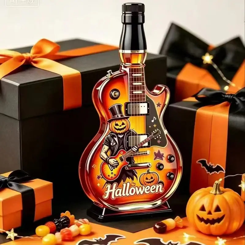 Halloween Guitar Shaped Whiskey Decanter with Pumpkin Print - Lead-Free Crystal Liquor Bottle, Home Bar Decor