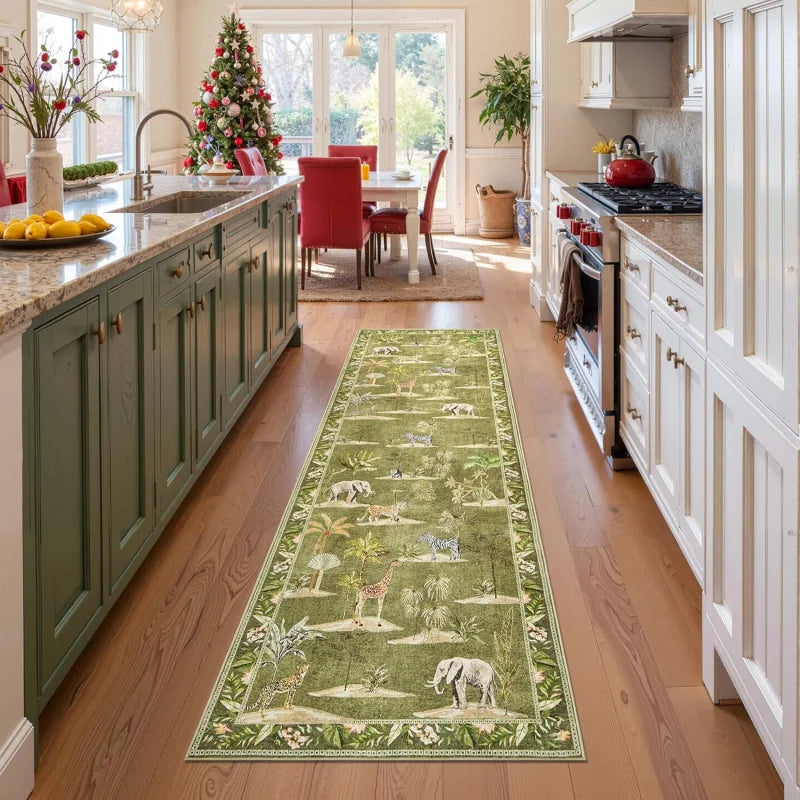 Jungle Animal Print Washable Carpet Non-Slip Hallway Mat for Kitchen Bedroom Living Room