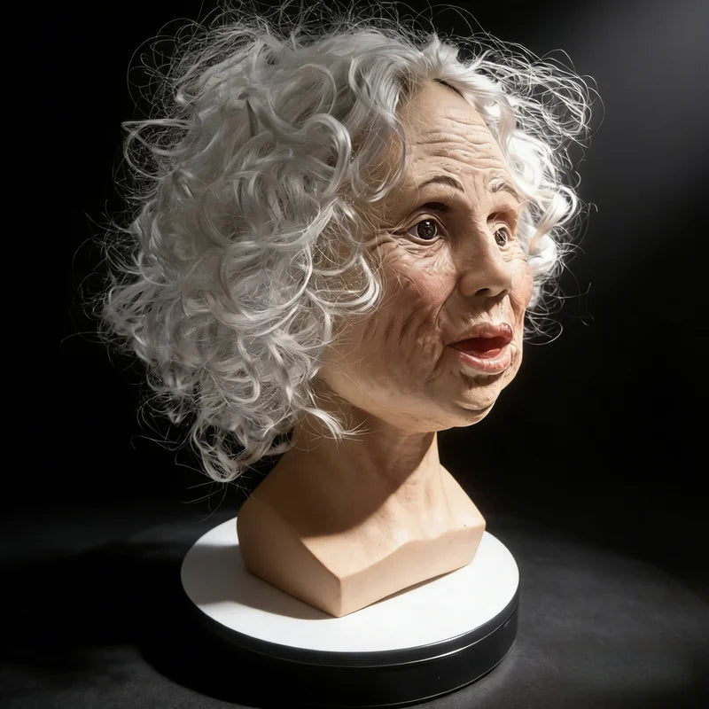 Old Woman Latex Mask with White Curly Hair - Elderly Grandma Halloween Costume