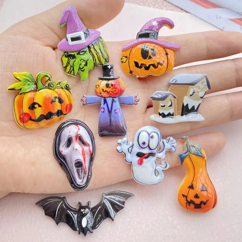 Colorful Halloween Pumpkin Ghost Bat Resin Scrapbook DIY Jewelry Hairpin Decor Set - 10 Pieces