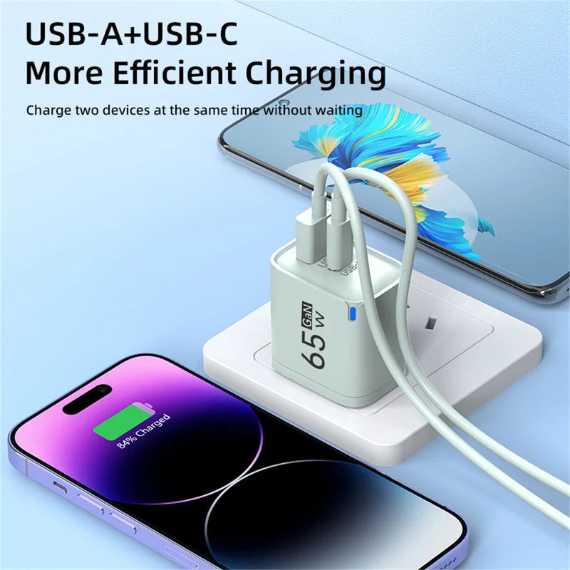 GaN 65W Fast USB-C Charger with Dual Ports, Universal Compatibility, Compact & Travel-Friendly