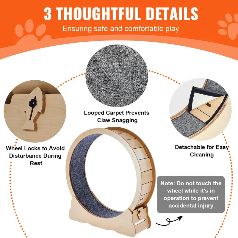 Large Wooden Cat Exercise Wheel with Detachable Carpet & Teaser - Quiet Indoor Treadmill for Cats