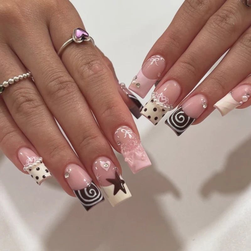 24PCS Nude Pink Fake Nails Set with 3D Bowknots & Flower Design - French Style Press On Tips