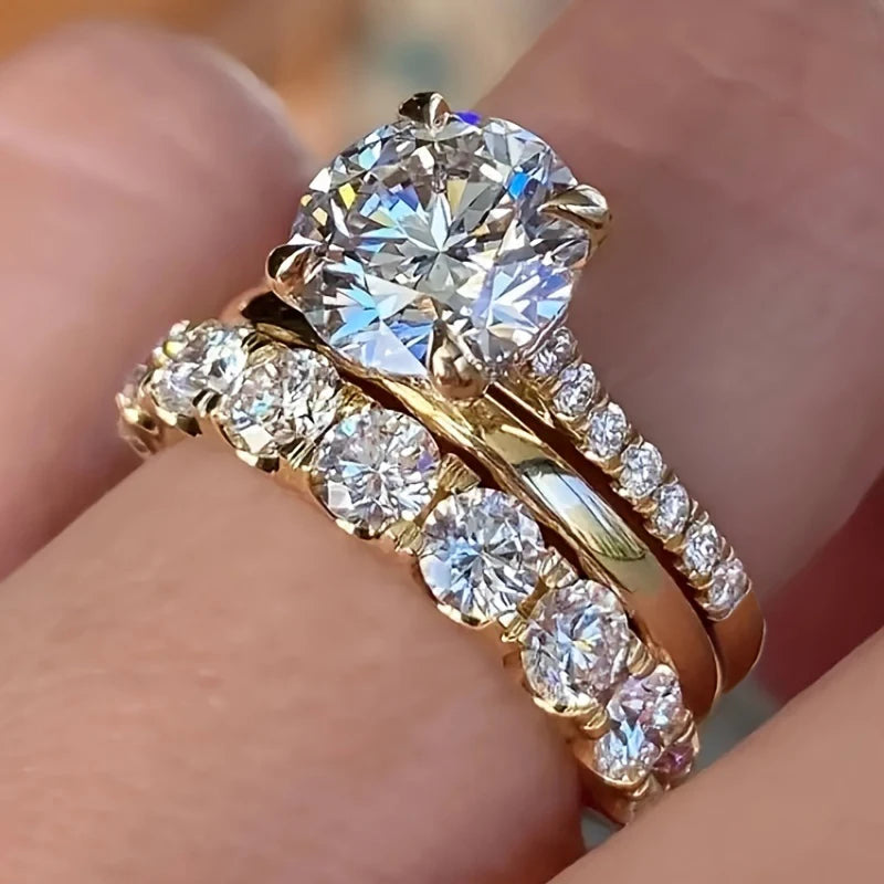 3-Piece Gold Color Zirconia Ring Set for Women - Fashion Finger Jewelry