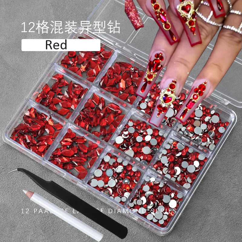Multi-Shaped Nail Art Rhinestones Kit with Pen & Tweezers - 12 Grids Champagne Gold