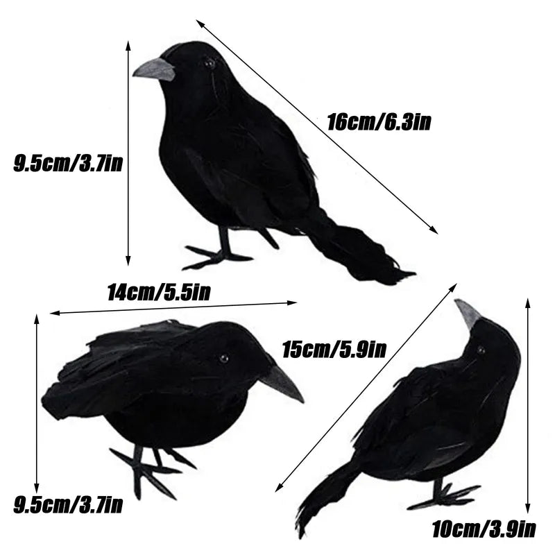 Lifelike Black Crow Halloween Decorations Set of 6 - Faux Feather Crows for Party & Garden