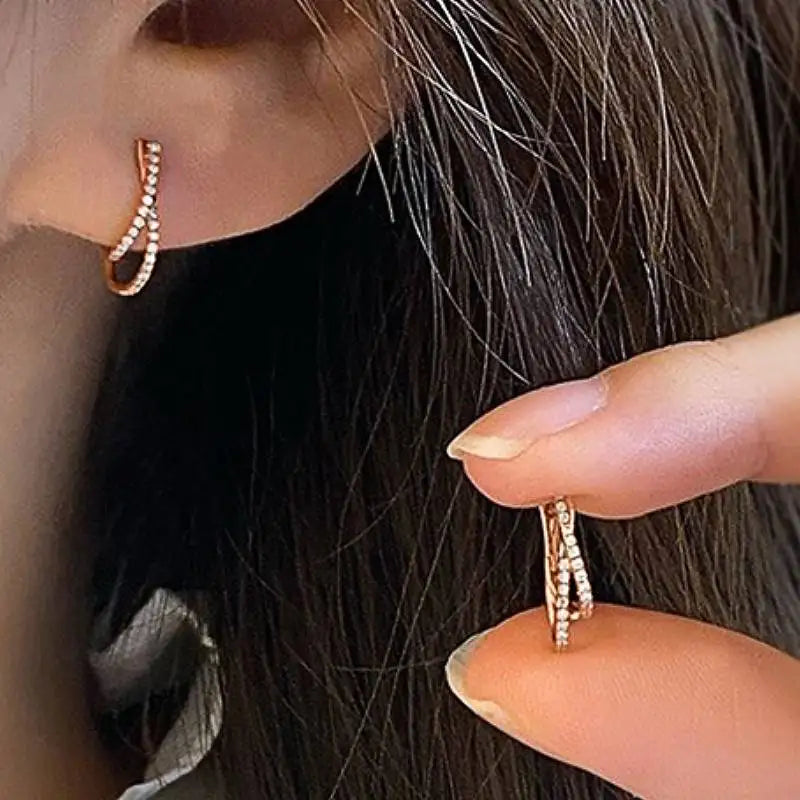 Women Hoop Earrings Cross Design Rose Gold CZ Jewelry Elegant Party Accessory