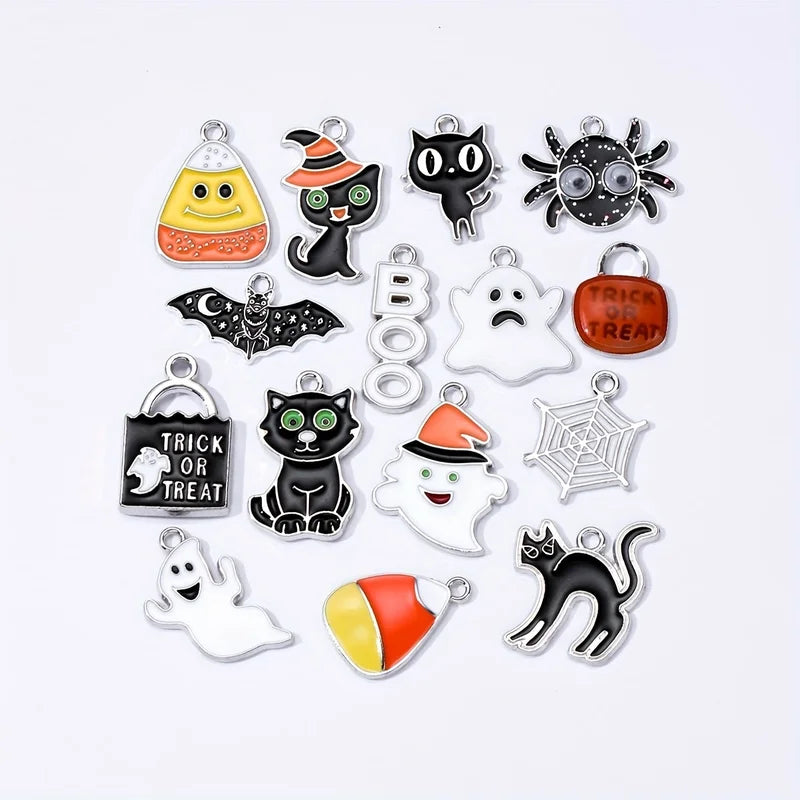 Halloween Enamel Charm Set for Jewelry Making - Pumpkin Ghost Vampire Bats 10pcs