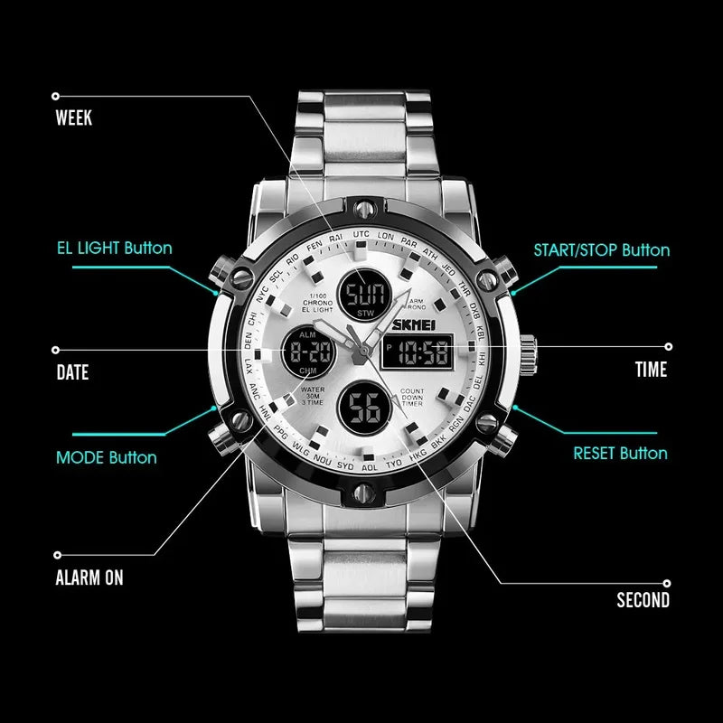 Men's Digital Quartz Wristwatch with Steel Strap & Countdown Timer