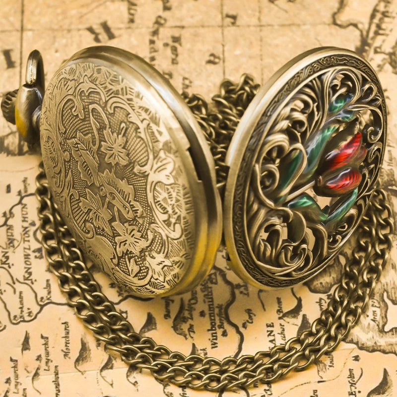 Retro Bronze Steampunk Floral Pocket Watch Necklace - Carving Flip-Top Gift