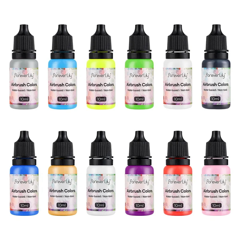 12-Color Water-Based Nail Ink Set - Matte Black & Pearl White for Nail Art and Airbrush Painting