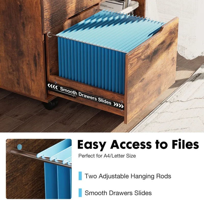 Wooden Mobile Storage Cabinet with 3 Drawers - Modern Nightstand Organizer