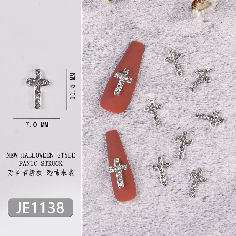 10Pcs Glitter Cross Nail Charms - Silver & Gold 3D Nail Art Decorations