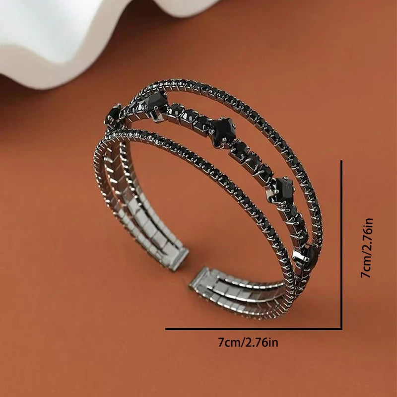 Gothic Black Open Ended Elastic Bracelet for Women 3-Row Zirconia Inlaid Copper Jewelry
