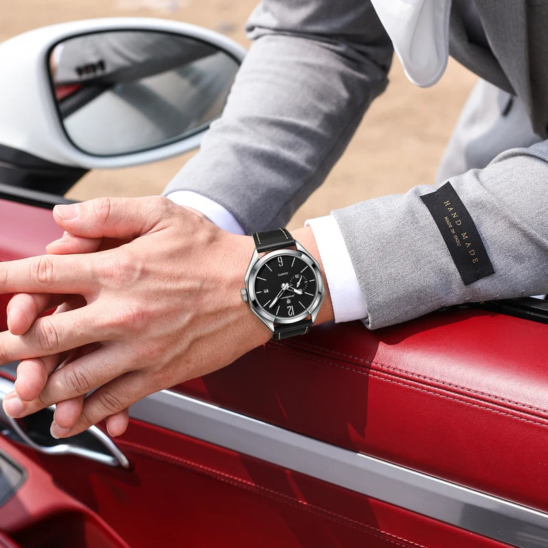 Men's Waterproof Leather Quartz Watch with Luminous Dial and Date Function