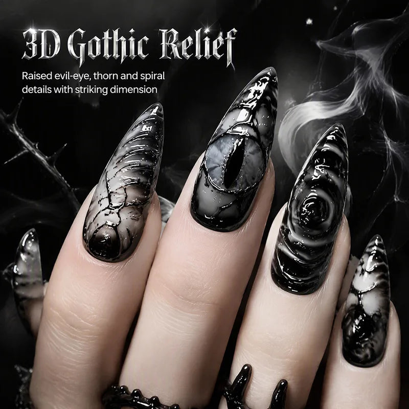 Gothic Stiletto Press On Nails with 3D Devil Eye Pattern - Halloween Fake Acrylic Nails, Glossy Finish, Reusable 30Pcs