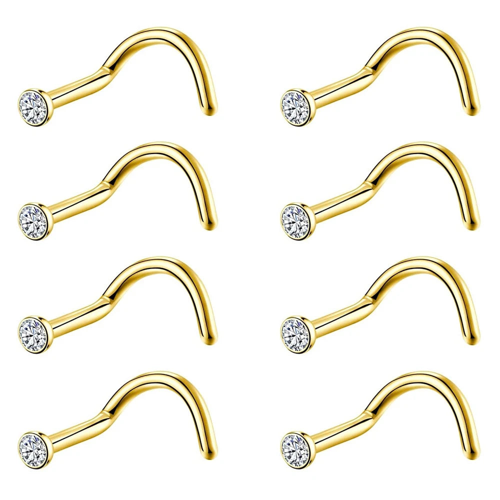 8 Pcs Nose Studs Set - CZ Zircon Gold & Silver Stainless Steel Body Jewelry for Women & Girls 20G